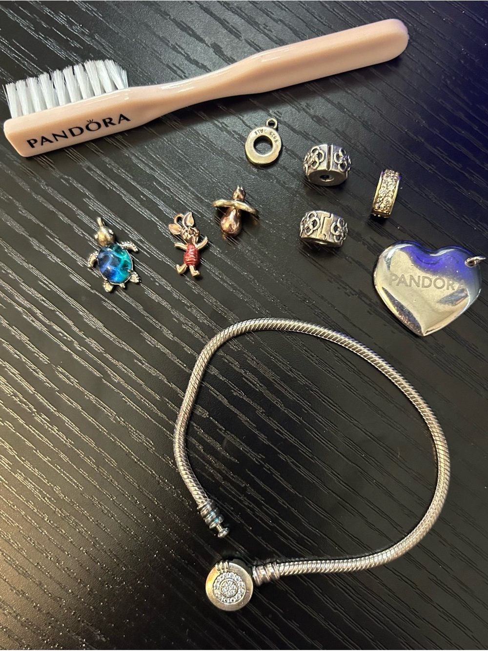 Pandora miscellaneous lot Snake chain Charm Bracelet, charms, brush